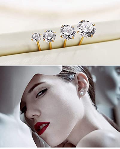 925 Sterling Silver Earrings, Cubic Zirconia Stud Earrings, Diamond Stud Earrings for Women - color: 14K Gold - 4mm, 5mm, 6mm