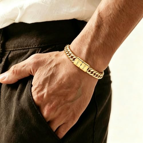 LAPE Custom Cuban ID Bracelet for Men with Engraved Name Stainless Steel | Custom engraved name beads, stainless steel Cuban chain, personalized men jewelry, gift for husband, dad, lover, friend