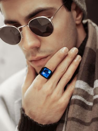 KeyStyle Square Gemstone Signet Rings for Men, Personalized Stainless Steel Pinky Ring with Black Onxy Blue Topaz Birthstone Statement Ring - color: Black - Blue Topaz - 15mm