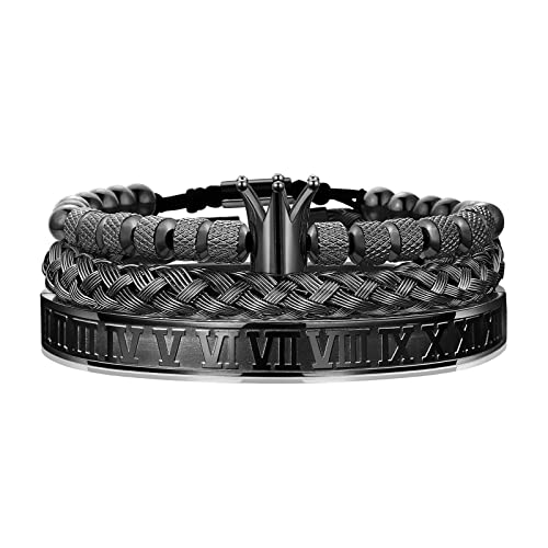 WFYOU 3PCS Stainless Steel Imperial Crown Bracelets for Men Gold Roman Numeral Bangle Bracelet Adjustable Cuff Bracelet Mens Luxury Jewelry Gifts - style: 10:Black- Crown