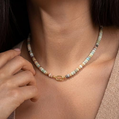 CONRAN KREMIX Colorful Stone Beaded Necklace for Women,Natural Gemstone Bead Choker Necklaces Boho Summer Beach Layering Necklace Jewelry Gift for Women - color: Amazonite