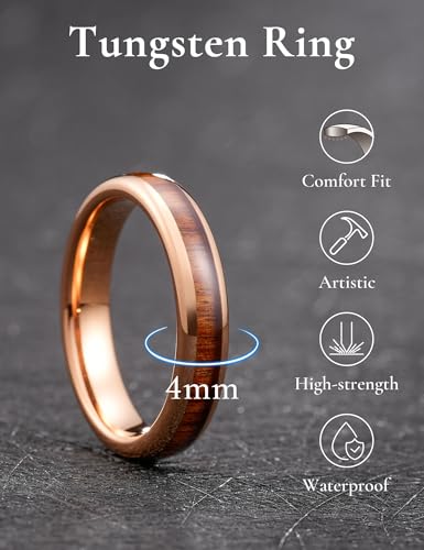 THREE KEYS JEWELRY Tungsten Wedding Band Koa wood Inlay Black Domed | 4mm, 6mm, 8mm, Everyday Wear, Black, Domed, Koa wood inlay - color: Rose Gold+Hawaiian Wood 4mm