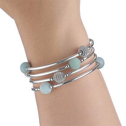 PEARL&CLUB Beaded Chakra Bangle Turquoise Bracelet - Fashion Jewelry Wrap Bracelet with Thick Silver Metal and Mala Beads, Birthday Gifts For Women - color: 63-Agate Green
