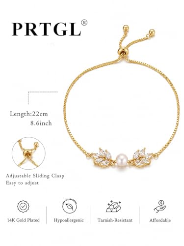 Gold Bracelets for Women Pearl Bracelet 14k Gold/White Gold Plated | Dainty Cubic Zirconia CZ Accented, Bridesmaid Jewelry, Prom Bracelet, Wedding Bracelets for Brides - color: gold-leaf box chain