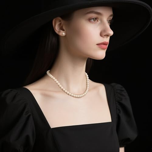 EVER FAITH Dainty Round Imitation Pearl Strand Necklace Stud Earrings Delicate Wedding Costume Prom Faux Pearls Jewelry for Women Bride - color: Cream Pearl, size: 8mm
