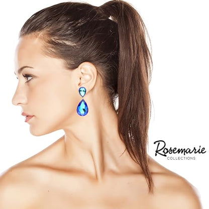 Rosemarie & Jubalee Women's Double Teardrop Statement Glass Crystal Rhinestone Dangle Clip On Bridal Earrings, 2" - color: AB Blue Crystal Gold Tone