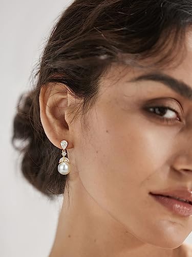 SWEETV Cubic Zirconia Pearl Drop Wedding Earrings for Brides, Ivory Bridal Pearl Earrings for Bridesmaid Jewelry Gift - color: 01.Style 1-Gold