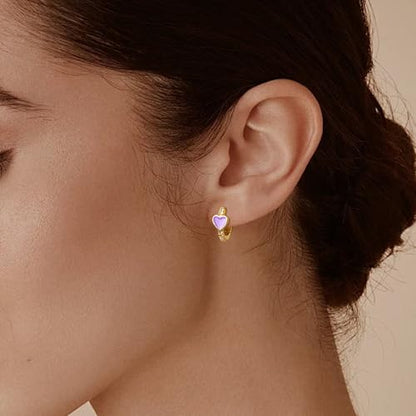Enamel Heart Huggie Hoop Earrings with Cubic Zirconia Silver Small Hinged Hoops for Women - color: Heart Purple Enamel