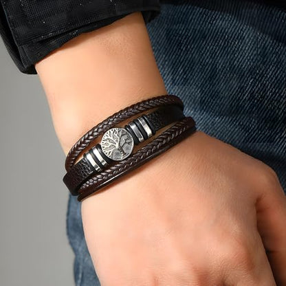 Tree of Life Leather Bracelet for Men, Multi-Layer Braided Religious Mens Cuff Bracelets with Alloy Clasp Anniversary Father's Day Birthday Christmas Jewelry Gifts for Him - color: Navy Blue