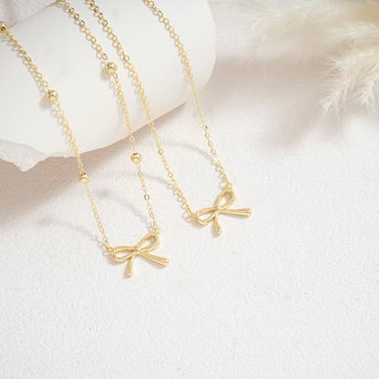 Thaivor Necklace for Women Dainty Bow Necklace 14K Gold Plated Cute Choker Small Pendant Charm Necklaces Teen Gift Trendy Stuff Personalized Jewelry Gifts - color: Gold-Bead-6