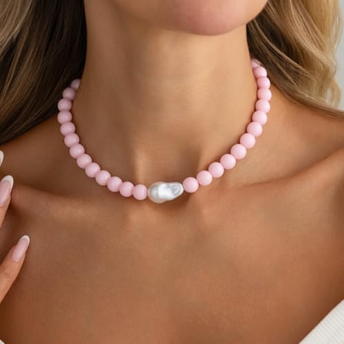 Colorful Faux Baroque Pearl Resin Beaded Choker Necklace Summer Tropical Jewelry for Women - color: Pink