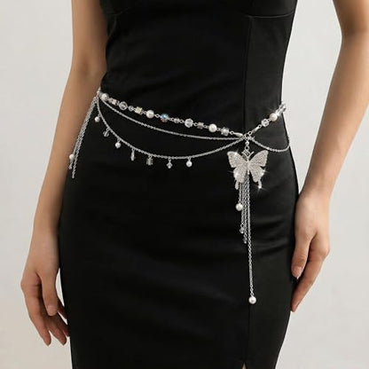 Butterfly Belly Chain - Silver Waist Chain for Women Layered Pearl Rhinestone Y2K Body Jewelry Adjustable Summer Beach Accessories for Bikini Festival Rave Outfits，gift for her jewelry.