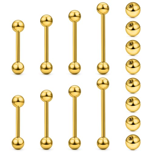 14G 16G Nipple Tongue Rings Stainless Steel Straight Barbells Piercing Jewelry Short Long Bar Silver Black Gold Bridge Piercings For Women Men 12Mm 14Mm 16Mm 18Mm Length Ball Size 5MM 6MM - color: Gold 14g Barbell Piercing Jewelry