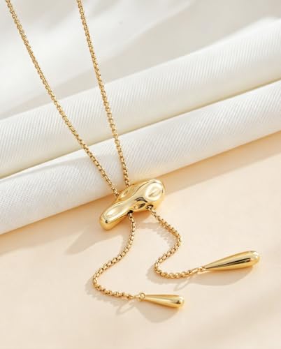 Gold Y Lariat Necklace for Women Adjustable Long Slide Necklace Modern Bohemian Jewelry Gift - color: Gold Hammered Teardrop