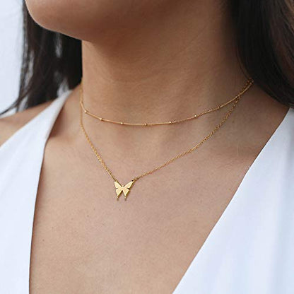 Turandoss Dainty Layered Choker Necklace, Handmade Y Pendant Necklace Multilayer Bar Disc Necklace Adjustable Layering Choker Necklaces for Women - style: 3PCS - Link Chain&Beads Chain&Butterfly