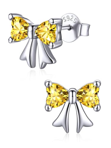 ChicSilver 925 Sterling Silver Bow/Butterfly Earrings for Women Hypoallergenic Birthstone Earrings Dainty Bow/Butterfly Jewelry Gift for Women - color: Bow-November-Yellow Topaz