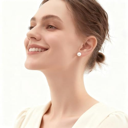 White Faux Pearl Stud Earrings, S925 Silver Posts Hypoallergenic for Women - color: White, size: 10mm