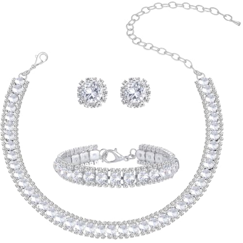 Women Rhinestone Crystal Jewelry Set Crystal Tennis Design Rhinestone Choker Necklace Link Bracelet Teardrop Earrings Set Wedding Bridal Bridesmaids Party - color: Silver Plated White Crystal（2）