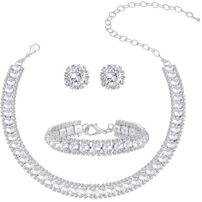 Women Rhinestone Crystal Jewelry Set Crystal Tennis Design Rhinestone Choker Necklace Link Bracelet Teardrop Earrings Set Wedding Bridal Bridesmaids Party - color: Silver Plated White Crystal（2）