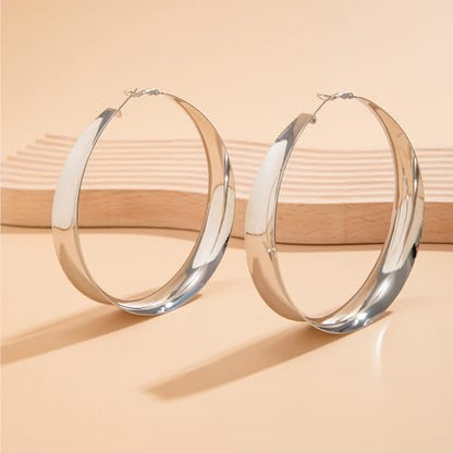 Hoop Earrings for Women Wide Hoop Earrings Large Big Flat Huggie Hoops Earrings Trendy Chunky Hoops Earrings Statement Earrings Jewelry for Women - color: 80mm-Silver