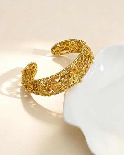 Intricate Floral Pattern Cuff Bracelet for Women - Sterling Silver Bangle, Bohemian Chunky Wide Bracelet Silver & Gold - color: Gold-B