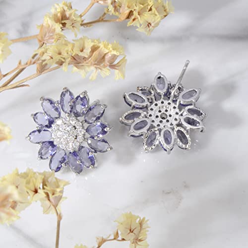 Crystal Flower Burst Stud Earirings - Big Sterling Silver CZ Cubic Zirconia Rhinestone Daisy Sunflower Floral Cluster Studs Bridal Wedding Party Prom Costume Jewelry for Bride Bridesmaids Women Birthstone Birthday Gift - color: Purple