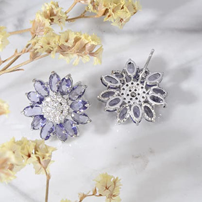 Crystal Flower Burst Stud Earirings - Big Sterling Silver CZ Cubic Zirconia Rhinestone Daisy Sunflower Floral Cluster Studs Bridal Wedding Party Prom Costume Jewelry for Bride Bridesmaids Women Birthstone Birthday Gift - color: Purple