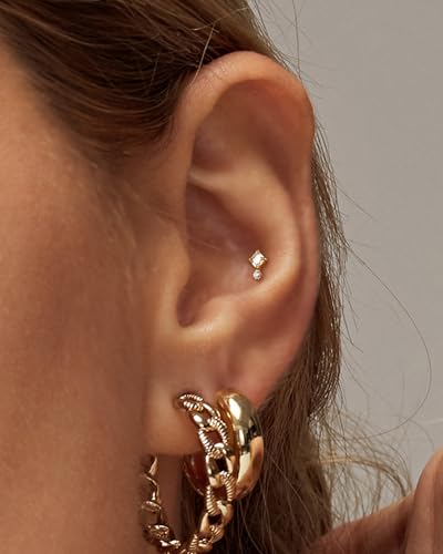 COCHARM 16G Threadless Labret Stud Earrings Flat Back Helix, Tragus, Cartilage,Conch Piercing Jewelry Square CZ Push Pin Lobe Stud 6mm 8mm 316L Steel Silver, Gold - color: Gold, size: 1.2x8mm