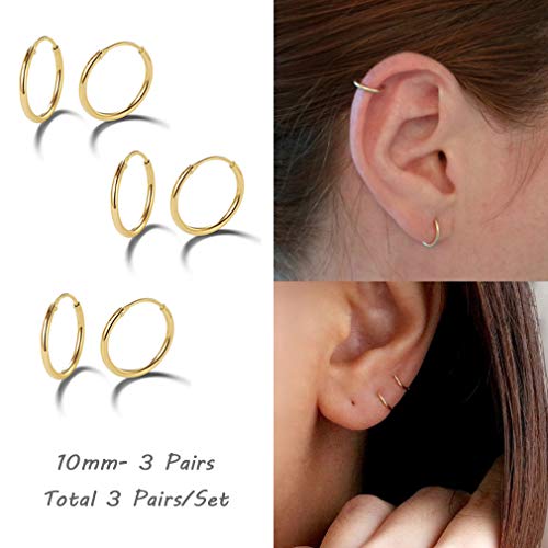 EPIRORA Silver Hoop Earrings- Cartilage Endless Small Hoop Earrings Set for Women Men, 3 Pairs of Hypoallergenic 925 Sterling Silver Tragus Earrings Nose Lip Rings - color: 3 Pairs(10mm*3)-Gold