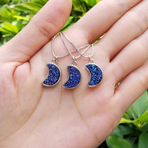 Adabele Natural Druzy Necklace Small Tiny Moon Gemstone Pendant 18 inch Sparkly Agate Stone Crystal Women Jewelry Tarnish Resistant Stainless Steel/Gold Plated Chain - color: Purple blue druzy - stainless steel