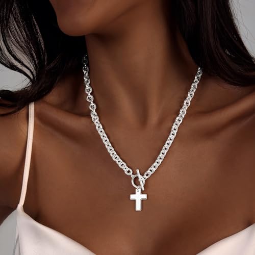 Zeffy 14K Gold/Silver Plated Chunky Thick Chain Toggle Clasp Necklace Dainty Baroque Pearl/Heart/Cross/Turquoise Pendant Necklace - color: Silver Small Cross Necklace