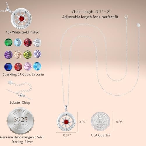 Compass Necklace for Women Wife Girlfriend Mom Daughter Gifts | S925 Silver Jewelry For Anniversary 18K Rose Gold Gifts For Birthday Christmas Mothers Valentines Day 12 Birthstones - style: 01-January-Silver