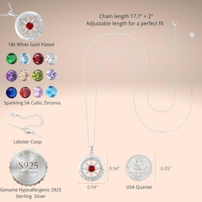 Compass Necklace for Women Wife Girlfriend Mom Daughter Gifts | S925 Silver Jewelry For Anniversary 18K Rose Gold Gifts For Birthday Christmas Mothers Valentines Day 12 Birthstones - style: 01-January-Silver