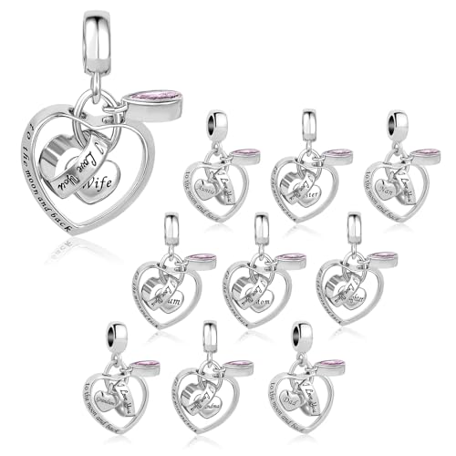 Interlocking Love Heart Dangle Charm fits Pandora Charms Bracelets with Pink Birthstone Cubic Zirconia I Love You to the Moon and Back - style: I Love You to the moon and back Mom