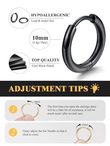 Small Hoop Earrings for Women 7-16mm Stainless Steel Huggie Earrings Lightweight - color: b. Black A, size: Diameter 10mm