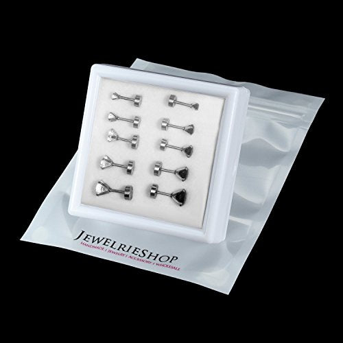 JewelrieShop Cartilage Tragus Earring Stainless Steel Stud Piercing Earring Flat Back Earrings Stud Flatback Screw Back Earrings for Women Men (16G, 6mm Bar Length, 3mm-7mm CZ, 5 Pairs) - color: 04. Steel with White Black CZ