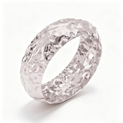 Silver Bangle Bracelet for Women, Wide Stainless Steel Cuff, Hammered Textured Non Tarnish Jewelry