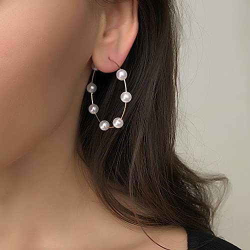 Doubnine Large Hoops Super Huge Circle Pearls Earrings Thin Dangle Gold Silver Elegant Wedding Women Accessories Jewelry Gift for Her - size: 40 mm Gold