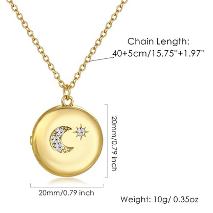 Locket Necklace for Women, Vintage Dainty Gold Heart Oval Butterfly Star Moon Engraved Picture Photo Lockets Pendant Necklaces Memorial Necklace Personalized Jewelry Valentine Gifts - style: Star Moon Round