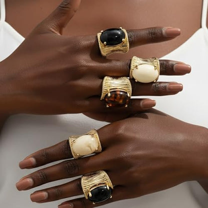 Geometric Open Ring, Adjustable Statement Rings with Non-Fading Hand-Marbled Resin Wide Band, Metallic Stripe Accent Finger - color: Off1 white