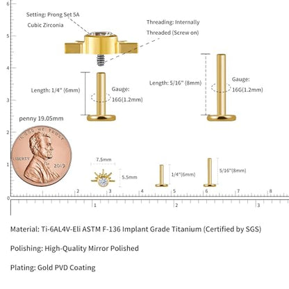 FINE4U 1PC ASTM F136 Titanium 16G Flatback Stud for Tragus, Helix, Conch 6mm 8mm - Screw on Cartilage Earring Piercing Jewelry - color: Sun CZ - Gold