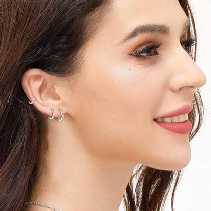 3 Pairs 925 Sterling Silver Small Hoop Earrings for Women Men | Cubic Zirconia, 14K White Gold Plated Huggie Hoop Earrings, Hypoallergenic - style: A-silver 8/10/12mm