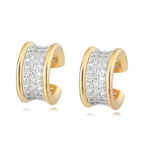 Gold Ear Cuff Earring for Women 14K Gold Plated Cubic Zirconia Non-Pierced Clip on Cartilage Chunky Ear Cuffs Hypoallergenic Jewelry - style: wide / pair