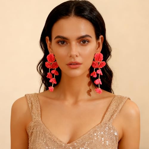 Fabric Flower Earrings for Women Colorful Long Tassel Floral Drop Earrings Fashion Boho Exaggerated Statement Beach Party Jewelry - color: red