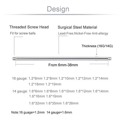 20pcs a Set Surgical Steel Threaded Barbell Bar Replacement for Tongue Earring Piercing Body Jewelry (Mix 20pcs)