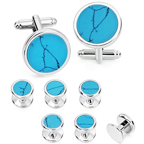 HAWSON Fashion Mother-of-Pearl Tuxedo Shirt Button and Cufflink Set, Specially Designed for Wedding Business - color: Silver Tone- Turquoise