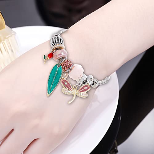 DS Charm Bracelets for girls,exquisite cute cartoon friendship bracelets Silver Stainless Steel Bangle with birthday Gift box, Adjustable girls jewelry Suitable for holiday gifts - style: Silver-pink Dragonfly