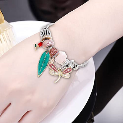 DS Charm Bracelets for girls,exquisite cute cartoon friendship bracelets Silver Stainless Steel Bangle with birthday Gift box, Adjustable girls jewelry Suitable for holiday gifts - style: Silver-pink Dragonfly