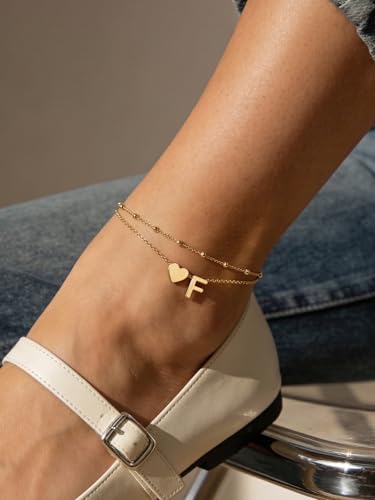 Silvora Ankle Bracelets for Women Waterproof 14K Gold/Silver/Black Initial Anklet for Women Dainty Layered Heart Ankle Bracelets Stainless Steel Adjustable Foot Chain Anklet Summer Beach Jewelry - color: F-Gold