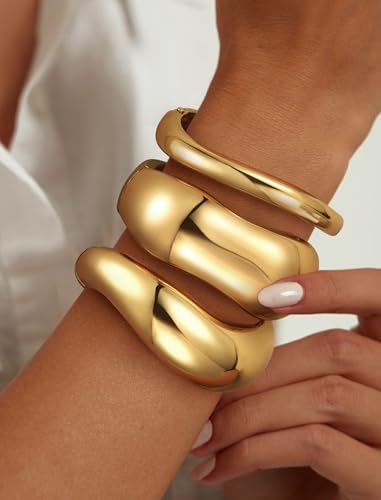 8YEARS Chunky Gold Bangle Bracelets for Women, 14k Gold Plated | Cuff Bangles, Stack Bracelet Set, Wide Trendy Fashion, Jewelry Gifts - color: D-Gold-3PCS